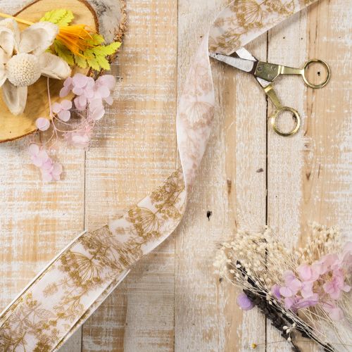 Geschenkband aus Polyester 40 mm breit 20 m cremefarben mit Pflanzenmotiven | Floristik24.ch