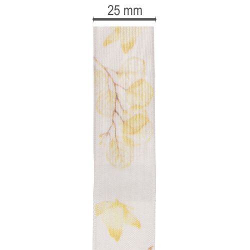 Dekoband Organzaband 25 mm 20 m Weiss Gelb mit Blätterzweig-Motiv für Dekoration | Floristik24.ch