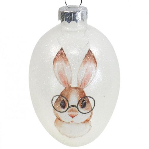 Artikel Dekohänger Glas Deko Eier Hase mit Brille Glitter 5x8cm 6St