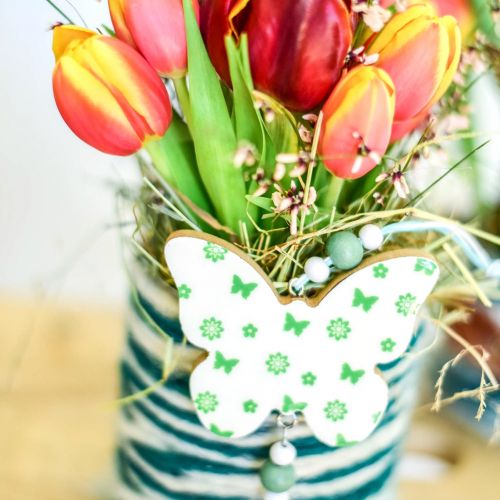 Floristik24 Hängedeko Herz Blume Schmetterling Weiß, Grün Holz Frühlingsdeko 6 St