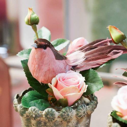 Floristik24 Federvogel am Draht Rosa 12cm 4St