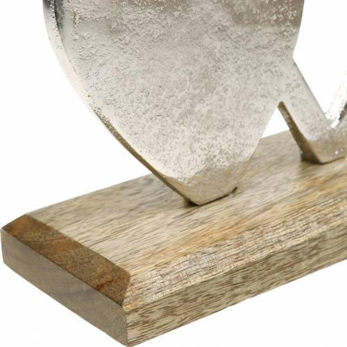 Floristik24 Dekoherz Silbern, Metallherz auf Mangoholz, Valentinstag, Tischdeko Doppelherz