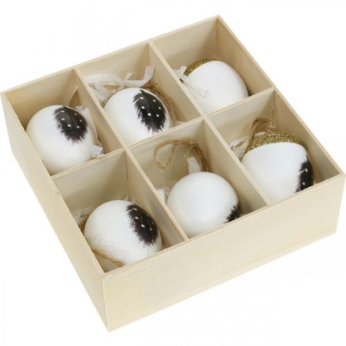 Floristik24 Edle Eier zum Hängen, Frühling, Ostereier mit Feder-Motiv, Dekoeier in Holzbox, Osterdeko 6St