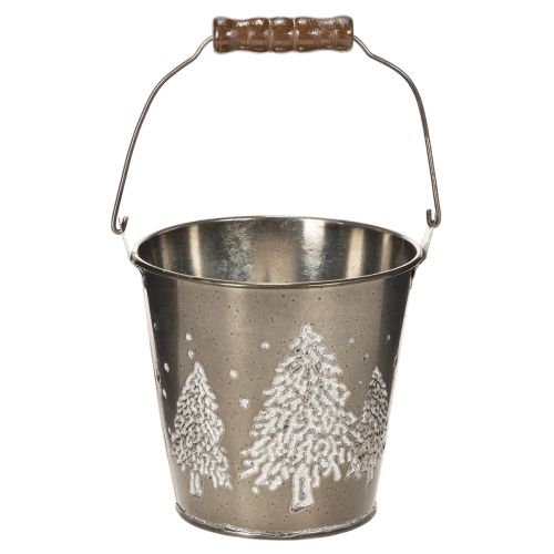 Deko-Eimer aus Zink mit Tannenmotiv und Holzgriff 13 cm