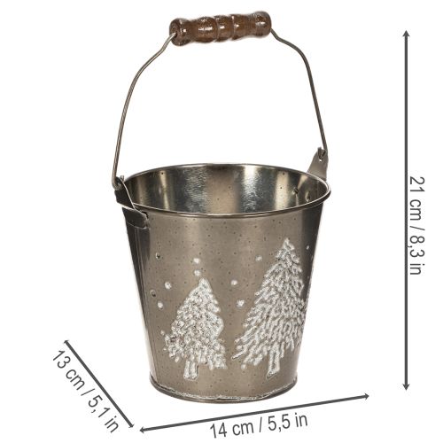 Deko-Eimer aus Zink mit Tannenmotiv und Holzgriff 13 cm | Floristik24.ch