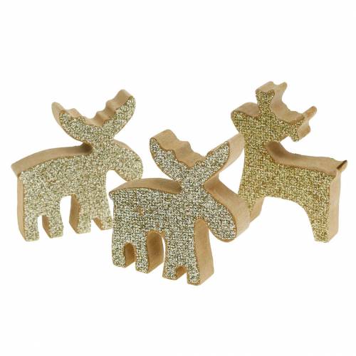 Floristik24 Streudeko Weihnachten Elch Holz Golden, Glitzer 5×5,5cm 12 St