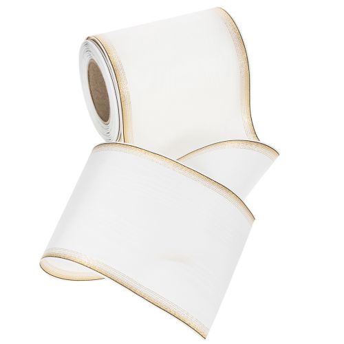 Kranzband Moiré 125mm Weiss mit Goldecken – Dekoband für Floristik und Feste | Floristik24.ch