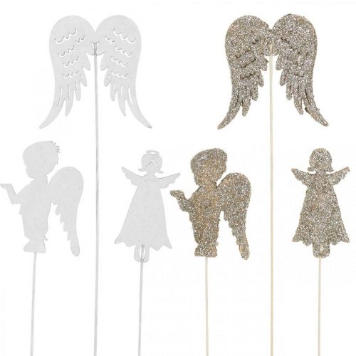 Floristik24 Adventstecker Engel, Flügel zum Stecken, Holzengel, Weihnachtsdeko Natur, Weiß, Goldglitter 18 St