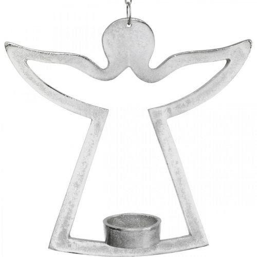 Teelichthalter mit Engel, Kerzendeko zum Hängen, Metall Silbern H20cm