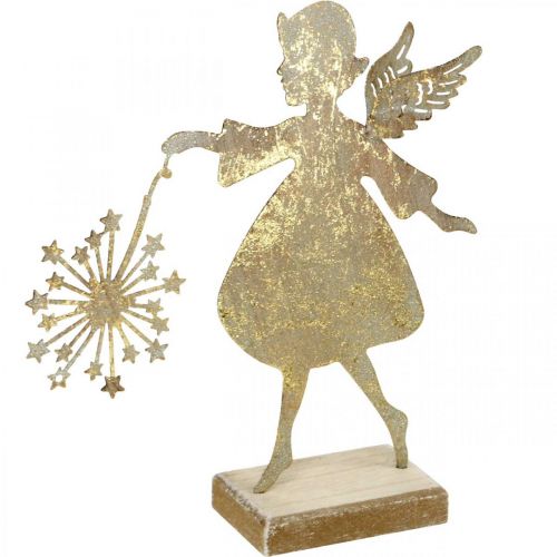 Floristik24 Engel mit Pusteblume, Metalldeko für Weihnachten, Dekofigur Advent Golden Antik-Optik H27,5cm