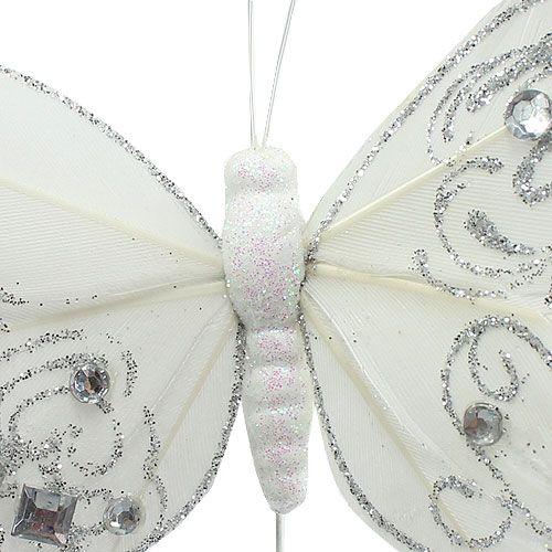 Floristik24 Federschmetterling mit Strass, Glitter Weiß 10,5cm 4St
