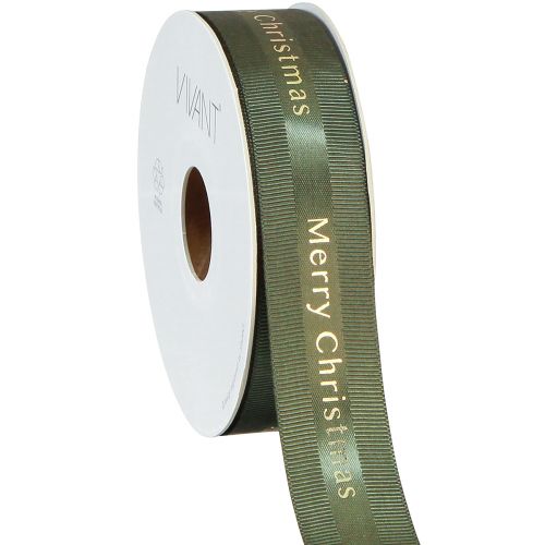 Floristik24 Festliches Weihnachtsband in Dunkelgrün mit goldenem 'Merry Christmas' Schriftzug Breit 25mm Länge 20m