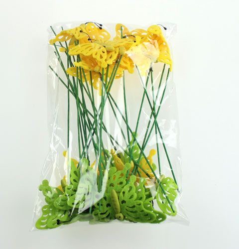 Floristik24 Filzschmetterling am Stab 7cm Grün/Gelb 24St