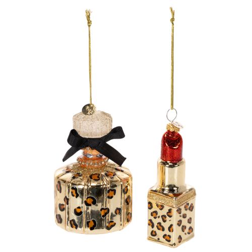 Christbaumschmuck Parfumflakon und Lippenstift Glas Leopardenmuster 11 cm Set 2-teilig online kaufen | Floristik24.ch