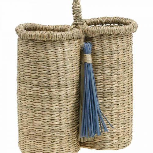 Floristik24 Flaschenhalter aus Seegras, Flaschenkorb geflochten, Balkondeko, Dekokorb zum Hängen Natur, Blau H20cm B22cm