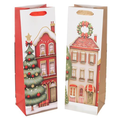 Geschenktasche für Flaschen Weihnachten Haus und Tannenbaum 36cm 2 Stück Papier online kaufen | Floristik24.ch
