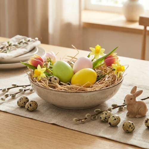 Schale mit Blüten Eiern und Naturmaterial als Frühlings Tischdeko