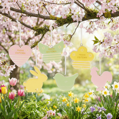 Artikel Osterdeko zum Hängen Osterfiguren Anhänger Holz Pastellfarbe 7cm 6St