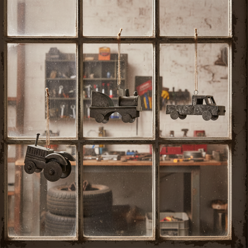 Artikel Vintage Deko Auto Metall Fahrzeuge zum Hängen Sortiert 9-10cm 4St