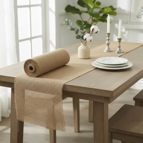 Natürliche Tischdeko mit Stoffläufer Kerzen und schlichten Wohnaccessoires