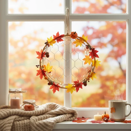 Hängender Dekoring am Fenster mit Herbstlaub als Wohnzimmer Deko