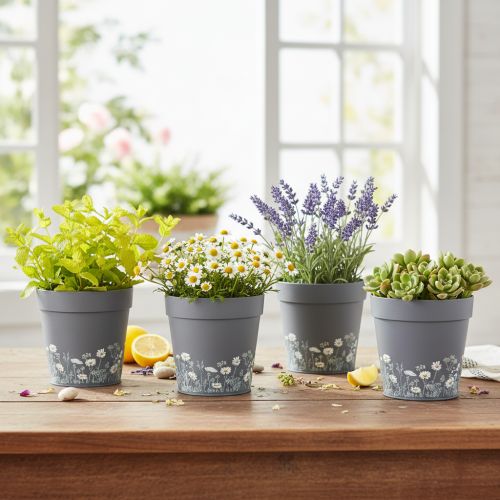 Artikel Blumentopf mit Blumenmuster für modernes Zuhause und sommerliche Balkondeko 13cm 4 St