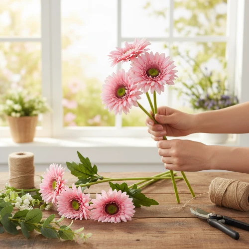Kunstblumen werden für florale Tischdeko vorbereitet