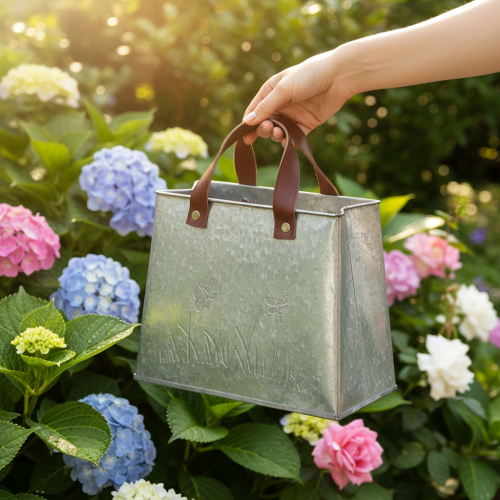 Deko Tasche Metall Pflanztopf 22cm Silber Weiss Braun mit Schmetterling und Gräser Motiv | Floristik24.ch