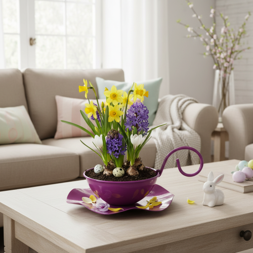 Artikel Deko Tasse Metall Teetasse auf Teller Lila Ø11,5cm H8cm 2St