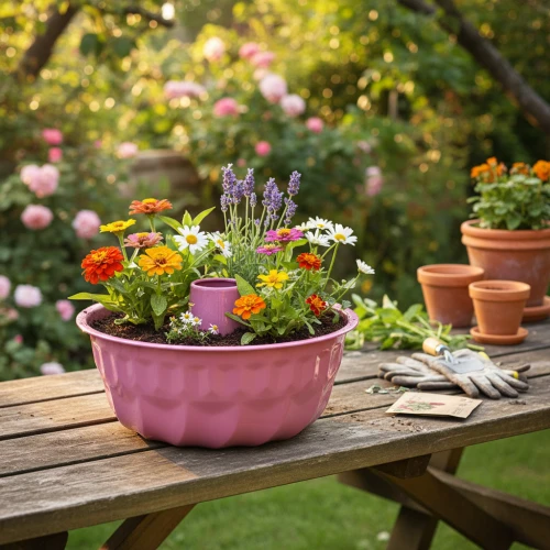 Pflanzkorb mit Sommerblumen als Gartendeko für Balkon und Terrasse