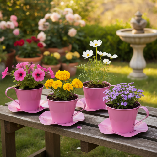 Artikel Deko Teetasse Metall Tasse mit Teller Pink Ø12 H10cm 8 St