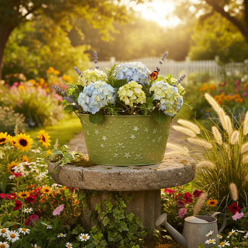 Artikel Metallschale mit Sternen und Griffen Grün Ø20cm H11,5cm