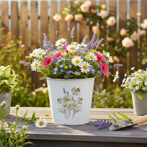 Artikel Blumentopf Metall Übertopf Weiß Blumen 12,5cm H11,5cm