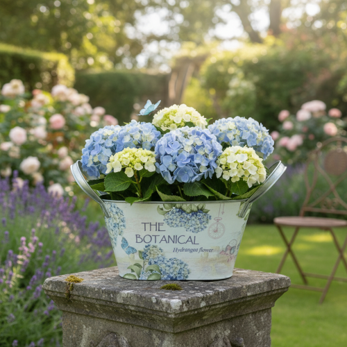 Artikel Blumenschale mit Griffen Hortensien Metall 26×13×14,5cm