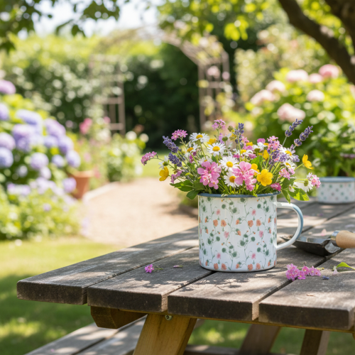 Pflanztasse Emaille Metall weiss mit Blumendekor Ø11cm | Floristik24.ch