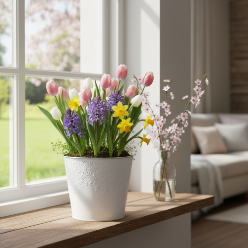 Blumenübertopf Metall Ø16cm H14cm Weiss mit geprägtem Rankenmuster für Innen | Floristik24.ch