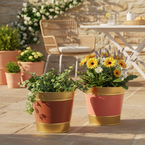 Pflanzkübel Metall Ø26cm H22cm Goldrand Rosa/Beige/Pfirsich/Braun 4er-Set | Floristik24.ch