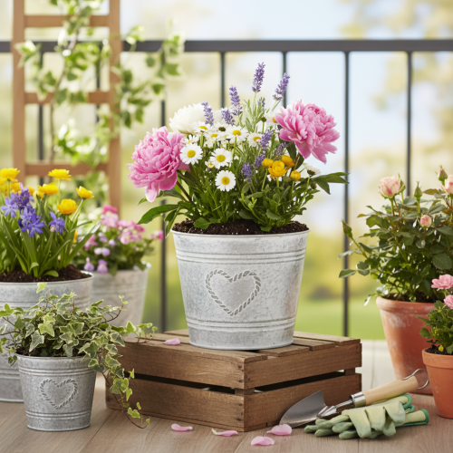 Blumentopf aus Metall Shabby Chic Herz Grau-Weiss Ø17,5cm H15,5cm | Floristik24.ch