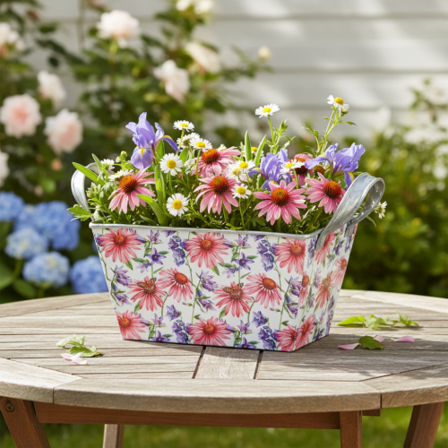 Jardiniere Metall Blumenkasten mit Echinacea-Motiv 20×12,5×10 cm, Weiss-Rosa-Lila | Floristik24.ch