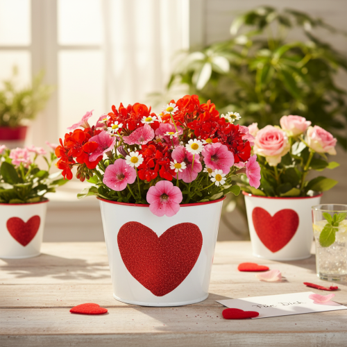 Metall-Blumentopf Weiss mit Herzmotiv Rot Ø13cm H10,5cm für Pflanzen | Floristik24.ch