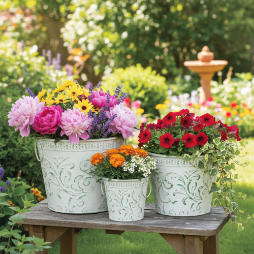 Metall-Pflanzkübel 3er-Set mit Henkeln, Prägung, Shabby Chic Weiss/Grün, Ø25,5/20,5/15,5cm, H20,5/18,5/16cm | Floristik24.ch