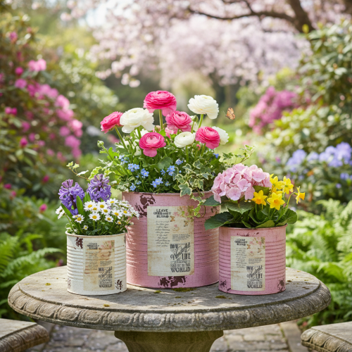 Artikel Blumentopf-Set aus Aluminium, Vintage Design, 15 cm, Altrosa und Creme, 3 Stück, für Balkon und Garten