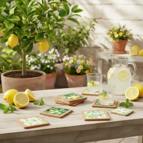 Sommerliche Tischdeko mit Zitronen Glas und frischen Farben