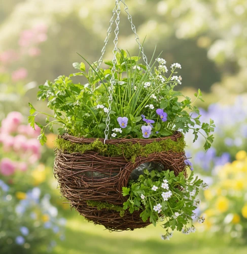 Hängekorb mit Grün und Blüten als Gartendeko für Balkon Pergola und Terrasse