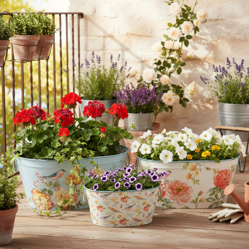 Pflanzschalen aus Metall, oval, mit Blumen- und Vogelmotiv, 39/31/24,5 cm, Set mit 3 Stück | Floristik24.ch