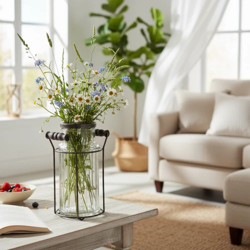 Glasvase mit Wiesenblumen als helle Tischdeko