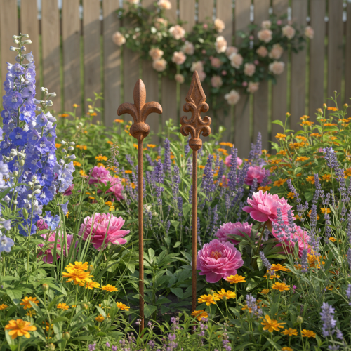 Artikel Gartenstecker Metall 60 cm Edelrost Lilien- und Lanzenmotiv für Aussen