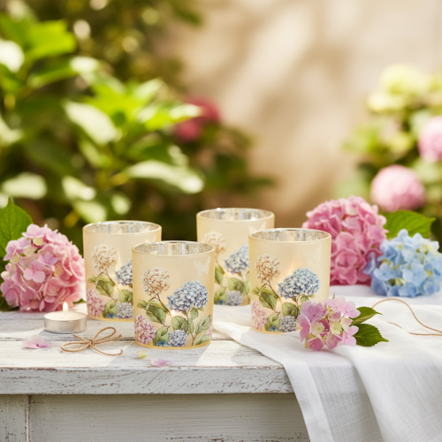 Artikel Deko Windlicht Glas Blumenmotiv Hortensien Beige 8cm 4er Set