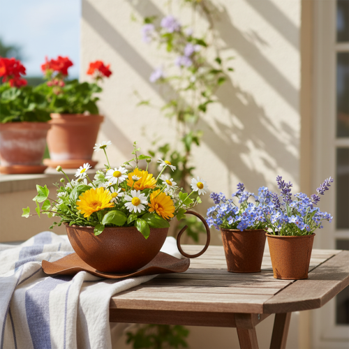 Pflanztasse mit Untertasse aus Metall Ø19,5 cm rostbraun für Garten und Balkon | Floristik24.ch
