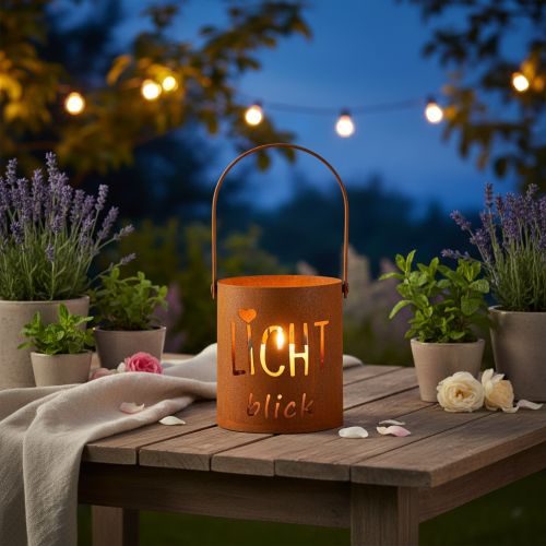 Artikel Metall-Laterne Windlicht mit Edelrost-Optik, "Lichtblick", Ø10,5cm, H11cm, 2 Stück